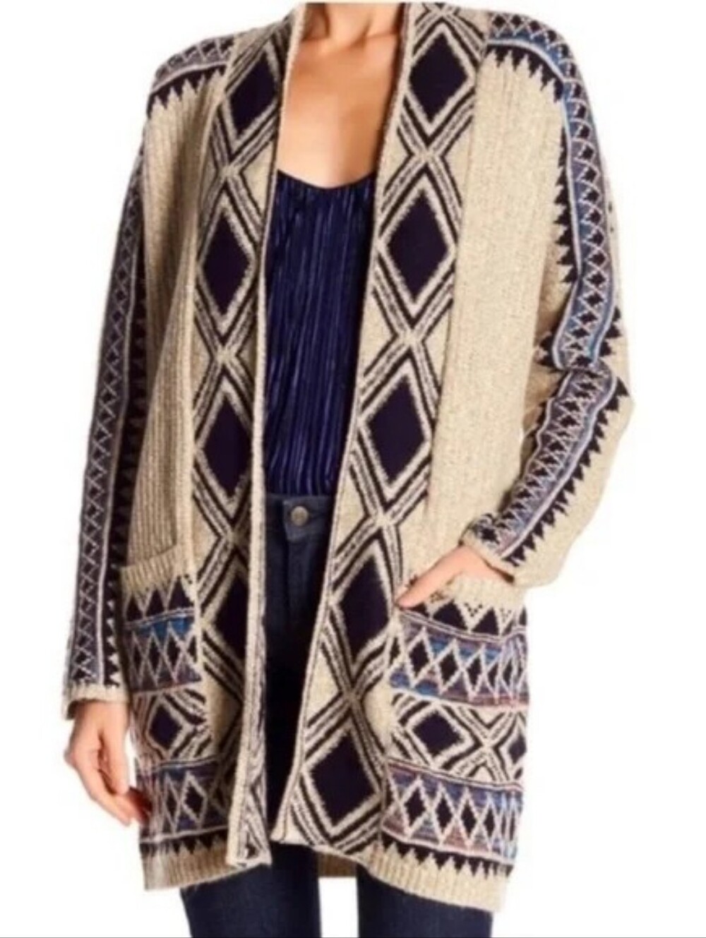 Lucky Brand Navy Blue Aztec Southwestern Jacquard Knit Long Cardigan Sweater XS